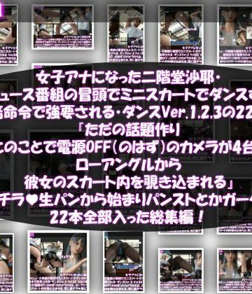 女子アナになった二階堂沙耶・早朝のニュース番組の冒頭でミニスカートでダンスすることを業務命令で強要される・ダンスVer.1、2、3:全22本セット『ただの話題作りとのことで電源OFF（のはず）のカメラが4台、ローアングルから彼女のスカート内を覗き込むように設置されている:生パンティやパンストやガーターストッキング等まで含めた合計22本セット総集編！』【Libido-Labo❤3DCG】